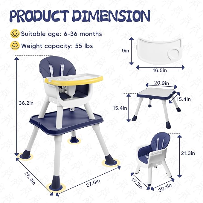 4 in 1 Baby High Chair, Toddler Chair with Removable Tray, Convertible High Chairs for Babies and Toddlers, Kids Learning Table, Building Block Table, Dining Booster Seat with Safety Harness, Blue