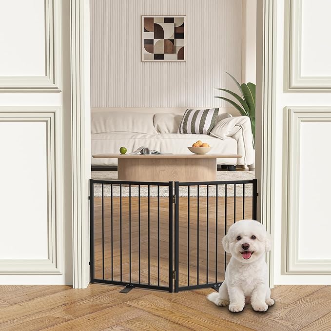Full Metal Freestanding Dog Gate with Door, 24'' Height Foldable Pet Dog Fence for Indoor & Outdoor, 2 Panels Extra Wide Free Standing SmallDog Gates for Doorways,House,Stairs,Porch,Deck,Yard