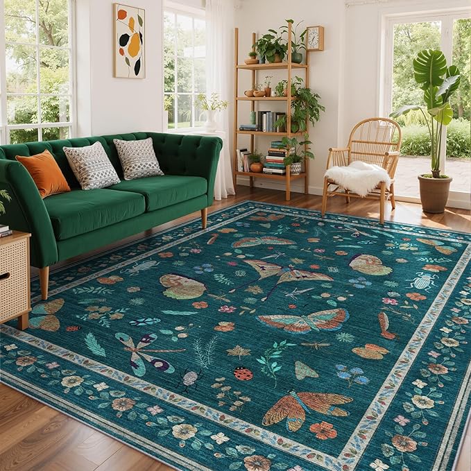 8x10 Area Rugs with Insect Print - Bug Rug Non-Shedding Stain Resistant Soft Carpet for Bedroom, Low Pile Ultra-Thin Machine Washable Carpet for Dining Room, Kids Nursery, Office (8'x10' Teal)
