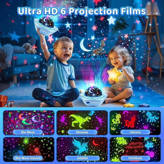 One Fire Night Light for Kids Gifts, 6 Films+78 Lighting Modes Ceiling Star Projector, Rechargeable Night Light Projector, 360°Rotating Star Lights for Bedroom Decor, Sensory Toys for Baby Boy Gifts