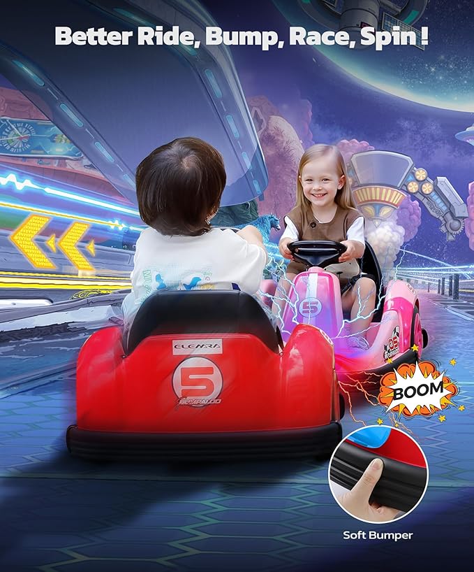 ELEMARA Bumper Cars for Kids with Big Wheels, 2.2 Mph, 12v Electric Ride On Toys with Remote Control, 360 Degree-Spin Bumper Car for Toddlers with DIY Stickers, Bluetooth, Music, LED Light, Red