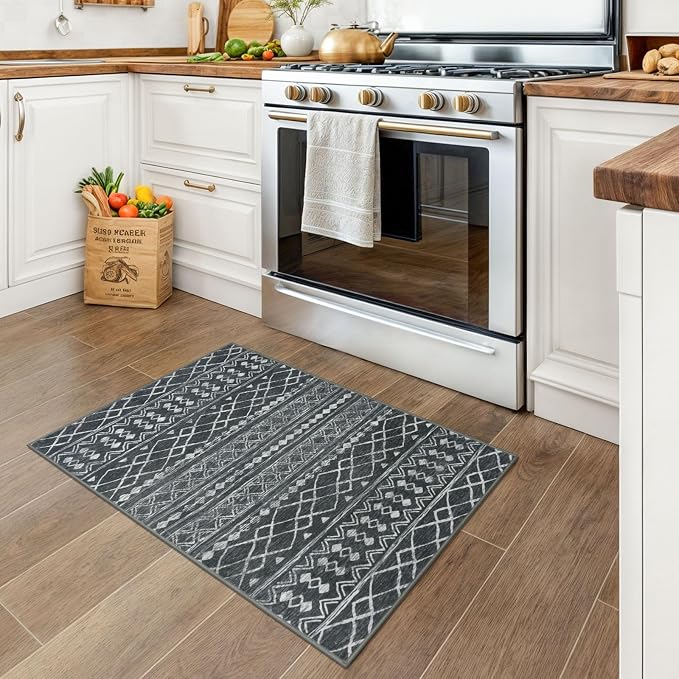 KUTA Washable Non-Slip Rugs for Entryway 2x3, Dark Grey Beige Moroccan Boho