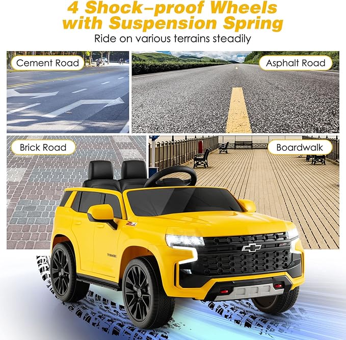 Costzon Ride on Car, 12V Licensed Chevrolet Tahoe Battery Powered Electric Vehicle w/ 2.4G Remote Control, High/Low Speed, Music, Lights, MP3/USB/FM, Spring Suspension, Electric SUV for Kids (Yellow)