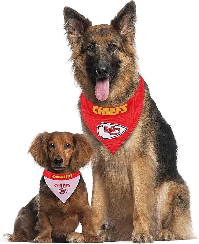 Pets First NFL DOG BANDANA - KANSAS CITY CHIEFS REVERSIBLE PET BANDANA. 2 Sided Sports Bandana with a PREMIUM Embroidery TEAM LOGO, Small/Medium. - 2 Sizes & 32 NFL Teams available (KCC-3217-S-M)