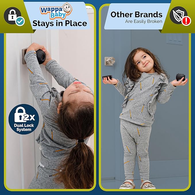 Child Safety Door Knob Cover (4 Pack) Hard-to-Remove Dual-Lock Door Handle Covers for Kids - Reusable Baby Proof Door Knob Locks - Installs Easily, No Tools Needed (Black)