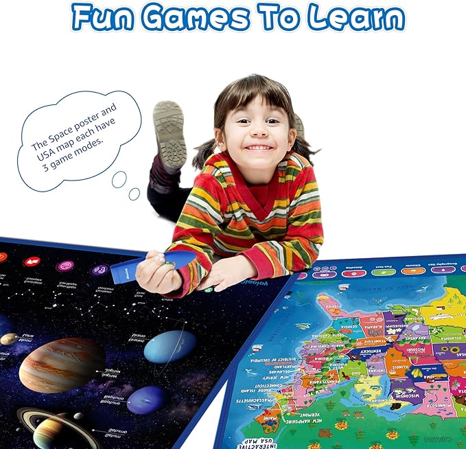 Bilingual Interactive for Kids Talking USA Map Solar System Poster for Kids Learning and Educational Toys,Talking Educational Toy for Ages 3 to 12 Years Old Girls/Boys,Learning Chart for Preschool