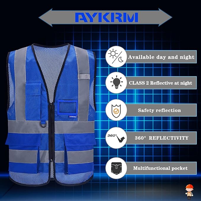 A-SAFETY High Visibility Mesh Safety Reflective Vest with Pockets and Zipper,Hi Viz Work Vest for Men Women (Blue Mesh 4XL-5XL)