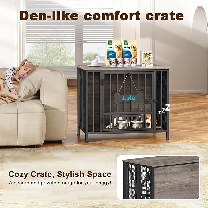 EasyCom Foldable Dog Crate Furniture, 31.5" Dog Crates for Small/Medium Dogs, Wooden Dog Kennel Indoor with Tag & Adjustable Dog Bowls, Dog Cage Use as End Table/TV Stand, Oak Grey