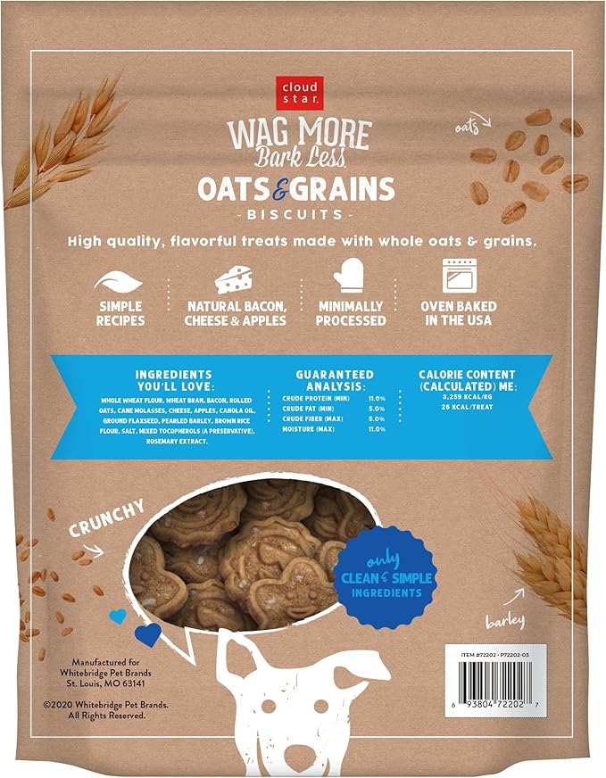 Cloud Star Wag More Bark Less Crunchy Dog Treats, Oats & Grains Bacon, Cheese & Apples, 3 lbs. Bag