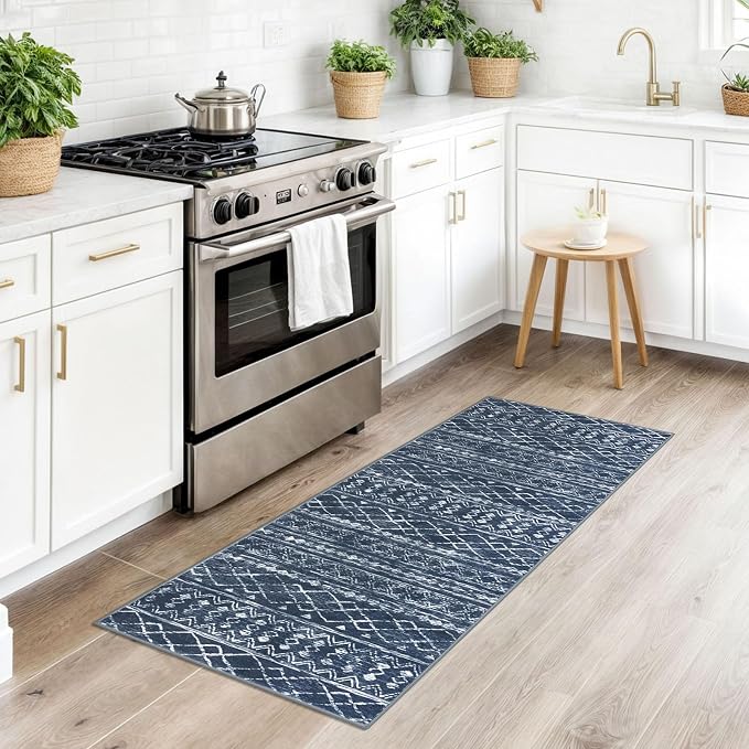 KUTA Boho Kitchen Rugs 2x5 ft Navy Blue Moroccan Washable Runner Rug Non-Slip