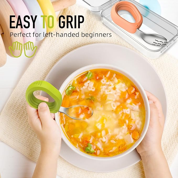 Toddler Utensils - Baby Forks and Spoons Set - Kids Stainless Steel Silverware - Children Safe - Self Feeding - Dishwasher Safe (Orange + Green)