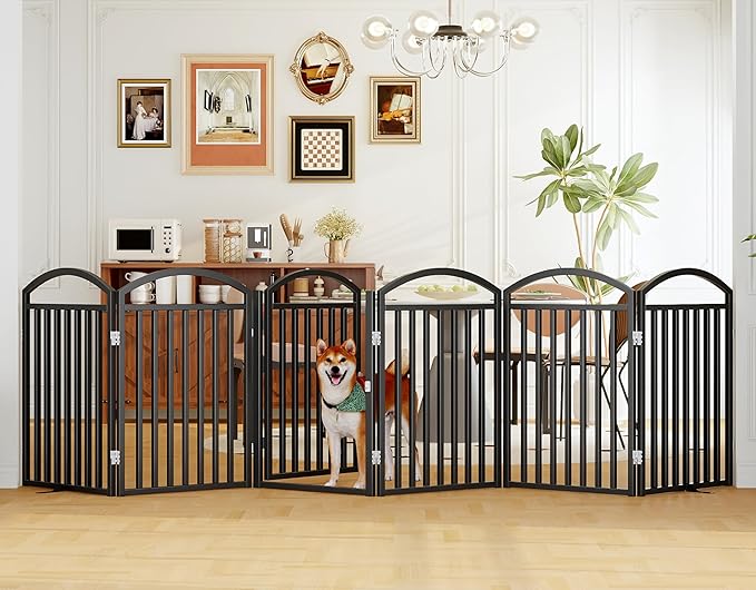 Folding No-Assembly Freestanding Dog Gate with Door,32" Heights Foldable Pet Fence,144" Extra Wide Accordion Puppy Folding Playpen for Doorways,House,Stairs (6 Panels,Black)