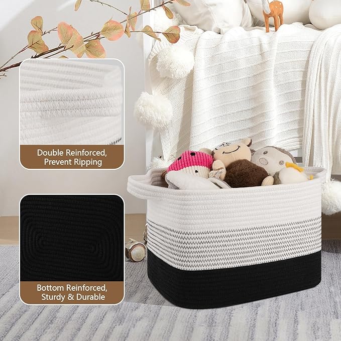 Storage Basket for Organizing, Woven Baskets for Storage, Rectangle Decorative Baskets for Shleves, Closet, Toys, Books, Nursery Organizer Bins - Pack of 3 (Gradient Black)