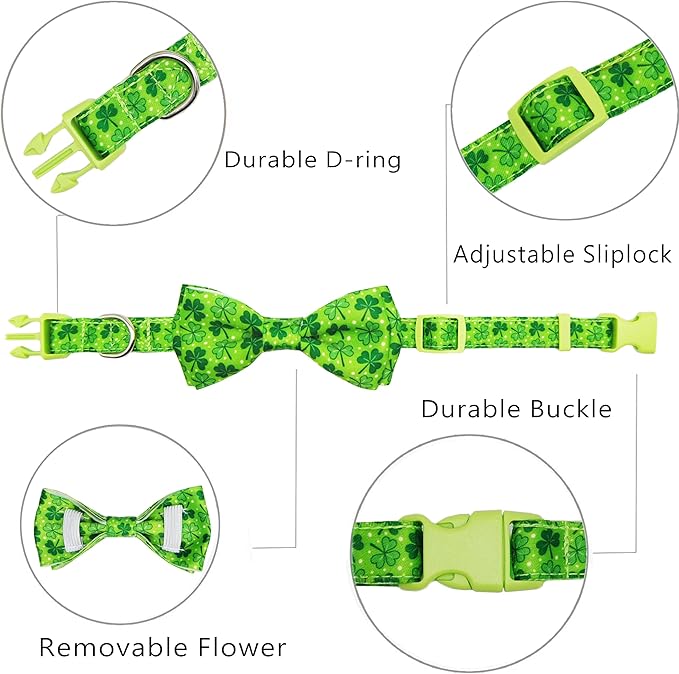 St. Patrick Day Dog Collar Adjustable Puppy Collar with Clover Pattern, Cute Pet Accessories for Small Medium Large Dogs