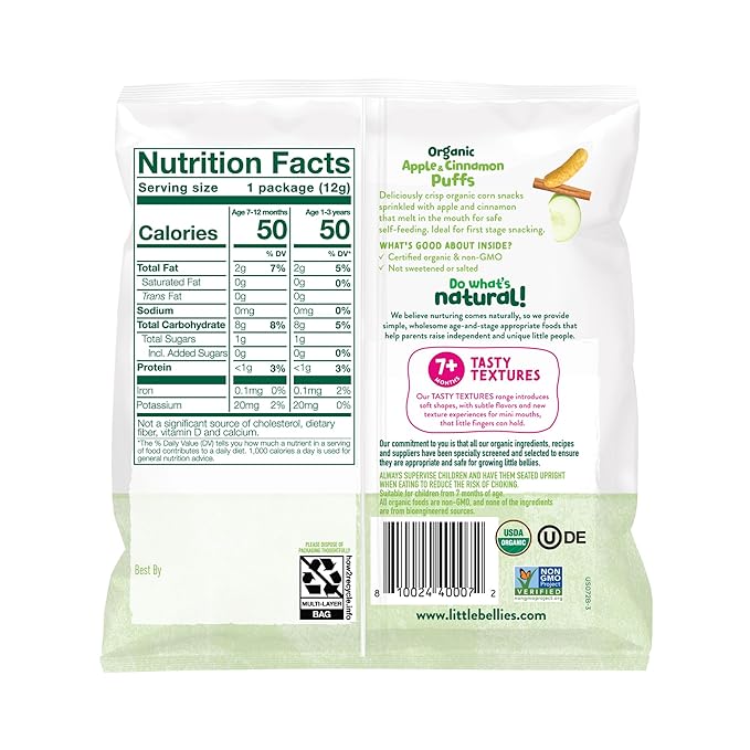 Little Bellies Organic Apple & Cinnamon Puffs Baby Snack (Pack of 18 x 0.42 oz Individual Packs)
