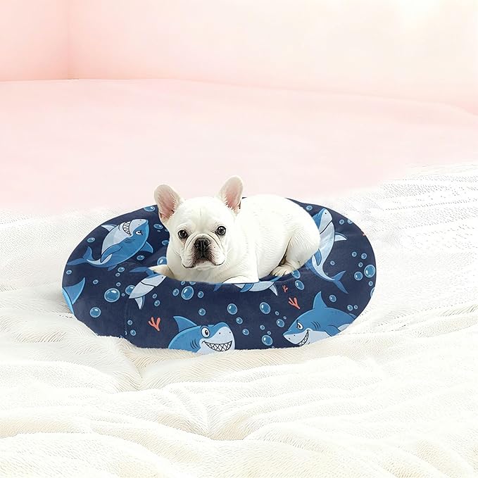 Burbuja Sharks Donut Pet Bed, Calming Soft Dog Bed with Anti-Slip Bottom, Round Cuddler Support for Dogs & Cats, Washable 20 in