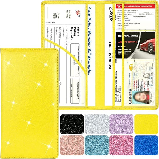 Car Registration and Insurance Holder, Leather Magnetic Shut Vehicle Glove Box Organizer for Document, Card, Driver License, Glitter Yellow
