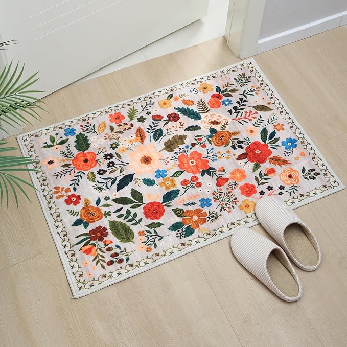 Rugcomf Door Mat Indoor Entrance 2x3 Rug Machine Washable Boho Floral Small