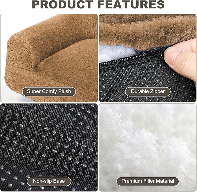 Plush Cat Couch Bed - Cat Bed for Indoor Cats, Dog Sofa Bed, Short Rabbit Fleece Calming Pet Couch with Removable Cover, Anti-Shedding Pet Sofa for Small/Medium Pets (26×18×12in, Brown)