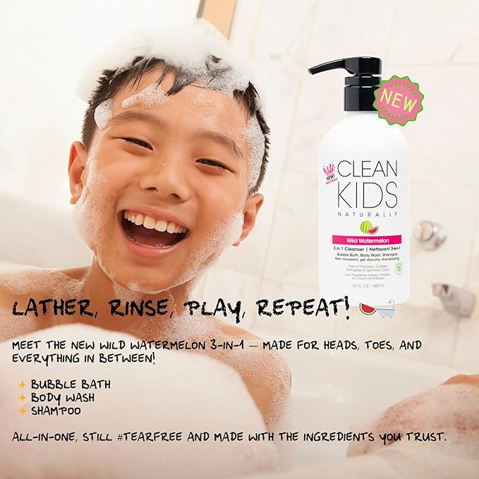 Gabriel Cosmetics Clean Kids Naturally Wild Watermelon 3-in-1 Shampoo, Cleanser & Bubble Bath (16 Fl Oz (1 Bottle), Watermelon 3-in-1)
