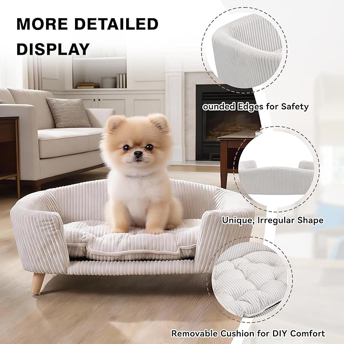 Dog Sofa Couch Bed for Small Dogs, Durable Corduroy Rectangle Pet Sofa with Soft Cushion, Modern Elegant Elevated Mini Dog Couch Bed with Backrest and Armrests, Beige
