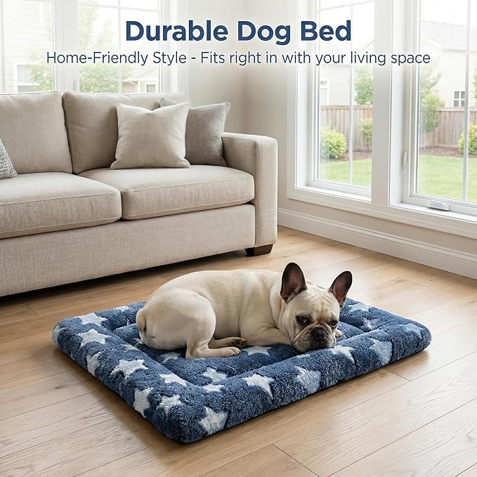 Dog Bed Mat - Reversible Dog Crate Bed Mats, Soft & Breathable Kennel Pad, Durable Crate Bed for Small Dogs & Cats (Navy&Stars, M(30"*20"*1.2"))