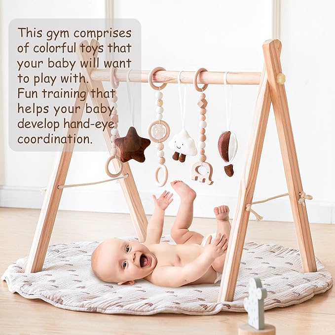 Wooden Baby Play Gym with Mat, Foldable Baby Play Gym Frame Activity Gym Hanging Bar with 6 Gym Baby Toys Rainbow Playmats for Newborn Baby (Natural)