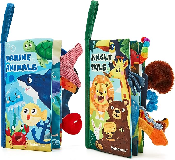 hahaland Baby Toys 0-6 Months - Crinkle Books for Babies 2PCS, Cloth Texture Tails Sensory Book 6-12 Months - Soft, Tummy Time, Montessori Toys 3 4 5 Month Newborn Twin Boys Gifts Travel Infant Toy