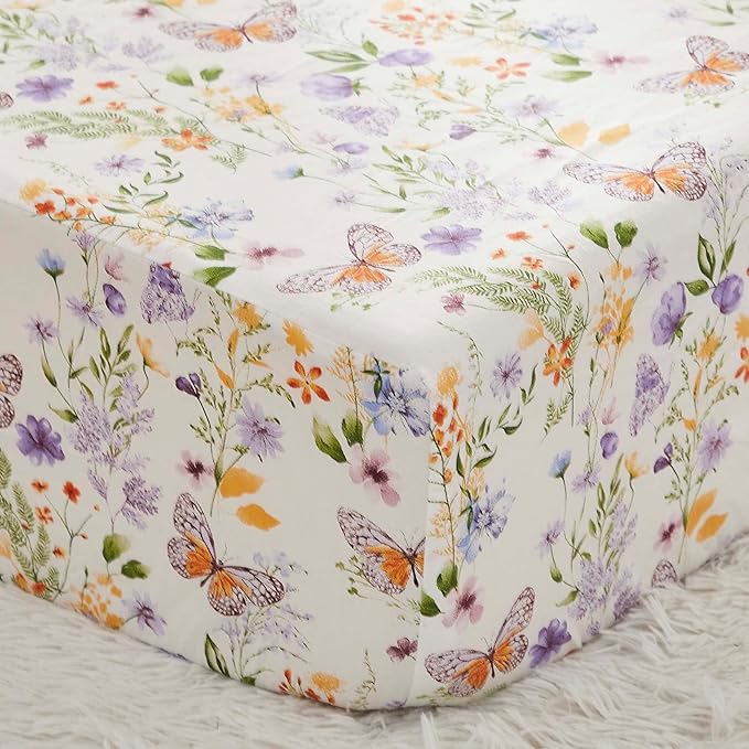 Brandream Wildflower Butterfly Crib Bedding Sets for Girls Nursery Set 3-Piece Farmhouse Quilt Comforter Set, Baby or Toddler Fitted Sheet, Double Crib Skirt, Cotton