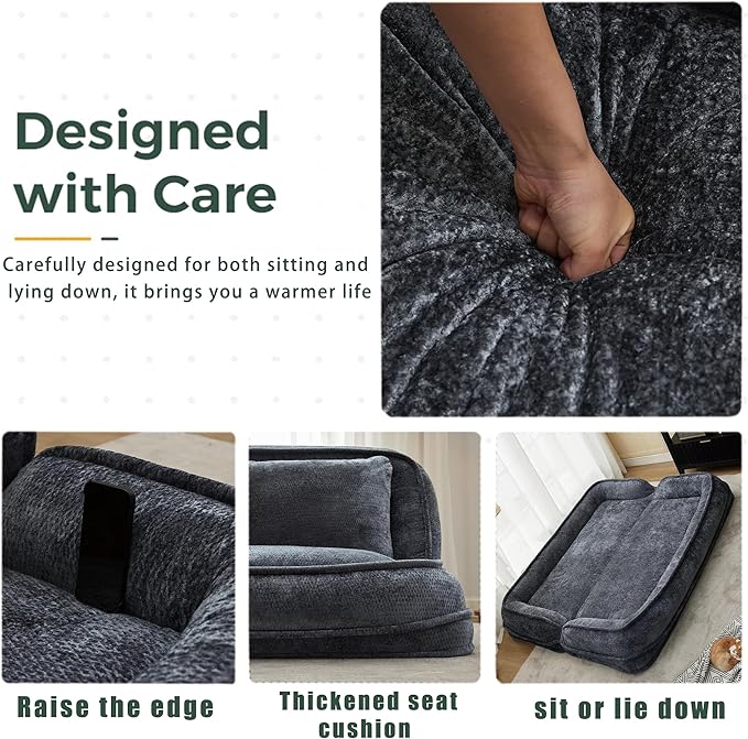 Double Human Dog Bed for Adult and Kids, Comfy Foldable Lazy Floor Loveseat Sofa Bed with 5 Adjustable Position, Upholstered Floor Bean Bag Lounger Chair for Bedroom, Living Room,Office (Dark Gray.)