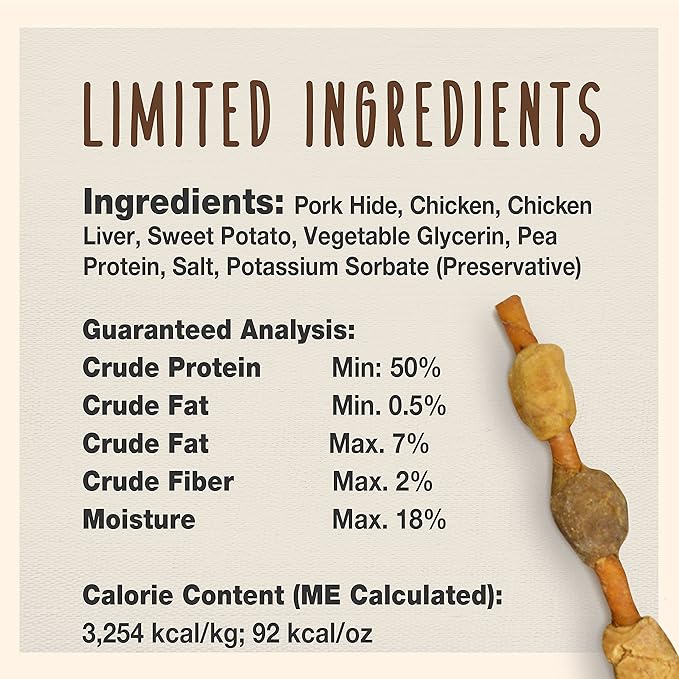 Cadet Gourmet Shish Kabob Dog Chews for Small Dogs, Rawhide Treats with Chicken, Duck and Sweet Potato, Healthy & Natural Pork Hide, 5-Inch Sticks, 24 oz.