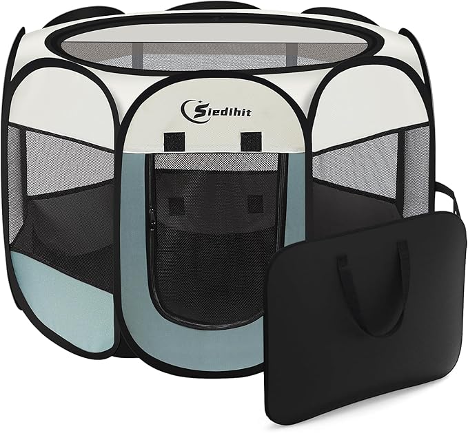 Large Dog Cat Playpen, Puppy Pet Playpen Indoor for Dog Crate Tent Cage Outdoor, Portable Pop Up Dogs Enclosure Kennel with Carrying Case for Dogs/Cats/Rabbits, Grey