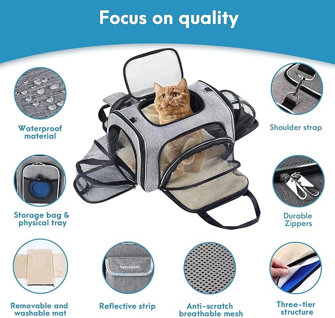Airline Approved Cat Carrier Under Seat, 4-Way Expandable & Collapsible Soft-Sided Pet Carrier with Removable Fleece Pad - TSA Compliant for Cats, 18x11x11.5in Car & Plane Travel, Vet Visits