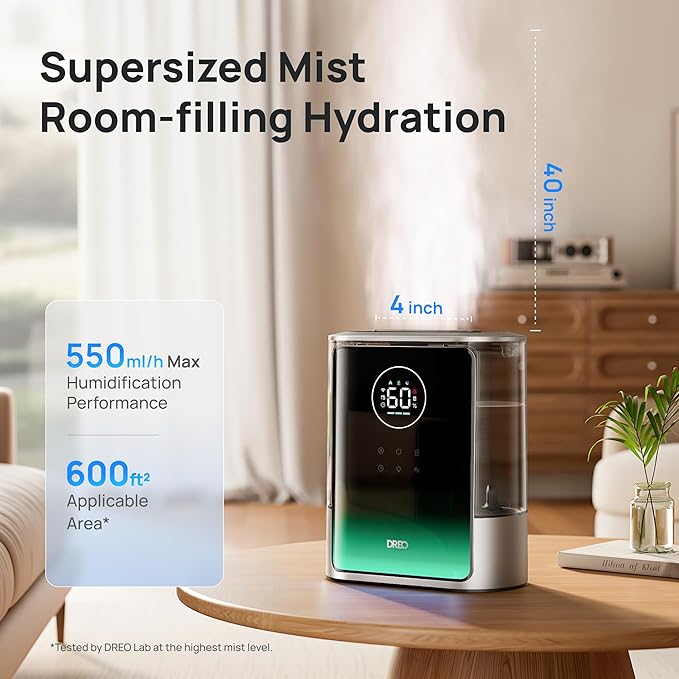 Dreo 8L Smart Humidifier Large Room 600ft², 80H Runtime Supersized Warm and Cool Mist Humidifiers for Bedroom Baby, 28dB Quiet Air Humidifier for Plants Indoor, Home, Whole House, Silver, HM717S