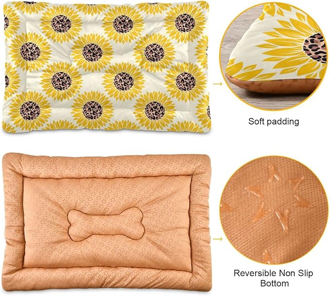 Leopard Print Sunflower Pet Bed Cute Dog Bed Mat Absorbing Non Slip Pad Pet Sleeping Mat for Small, Medium, and Large Dogs Puppy Cat 24 in x 18 in