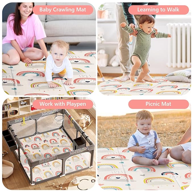 79 x 71 Baby Play Mats for Floor, Foldable Foam Play Mat for Babies 0-12 months,Thick & Waterproof Playmate for Baby, Non Toxic Baby Tummy Time Activity Playmat, Reversible Playpen Mat for Infant Toddlers