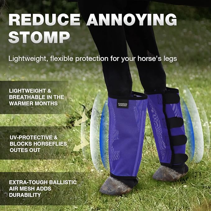 Harrison Howard Loose Fitting Fly Boots UV-Protective Extra Tough Mesh Ventilated Four Fasteners Stay-on Design Protect Horse Legs & Stomp-Reducing Set of 4 Deep Navy Medium