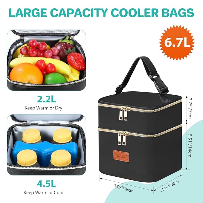 PIIOSER Breast Milk Storage Cooler Bag with Ice Pack, Fits 4 Baby Bottles Up to 5 Ounce, Small Insulated Breastmilk Cooler Travel Bag with Handle Buckle for Nursing & Working Mom Daycare (Black-XS)