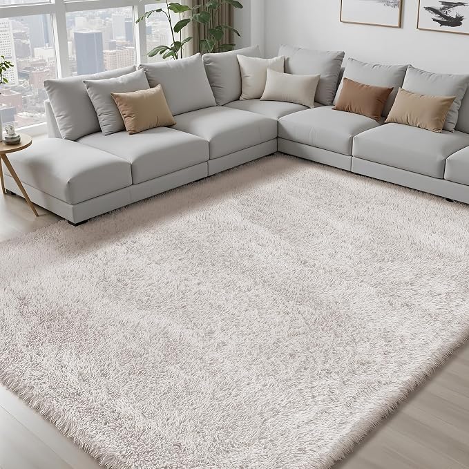 Area Rug for Living Room Bedroom: 9x12 White Soft Fluffy Shag Upgrade Non-Slip