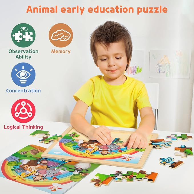 SYNARRY Large Animals Wooden Puzzles for Kids 4 in 1 Gift Box(12.2 * 9.4 in) - FSC Certified, Jigsaw Puzzles for Toddlers 3-5, Puzzles for Kids Ages 4-6, Wood Toys Gifts for 3 4 5 Year Old Boys Girls