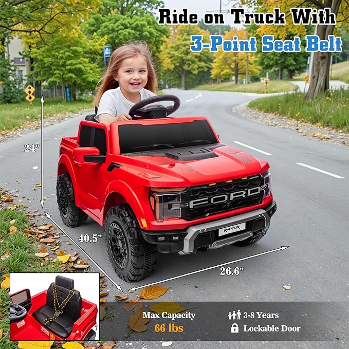 12V Ride on Car Licensed Ford F-150 Raptor, Kids Electric Car with Remote Control, LED Light/Music/MP3, Truck Bed Storage, 3-Point Seat Belt (12V, Red)