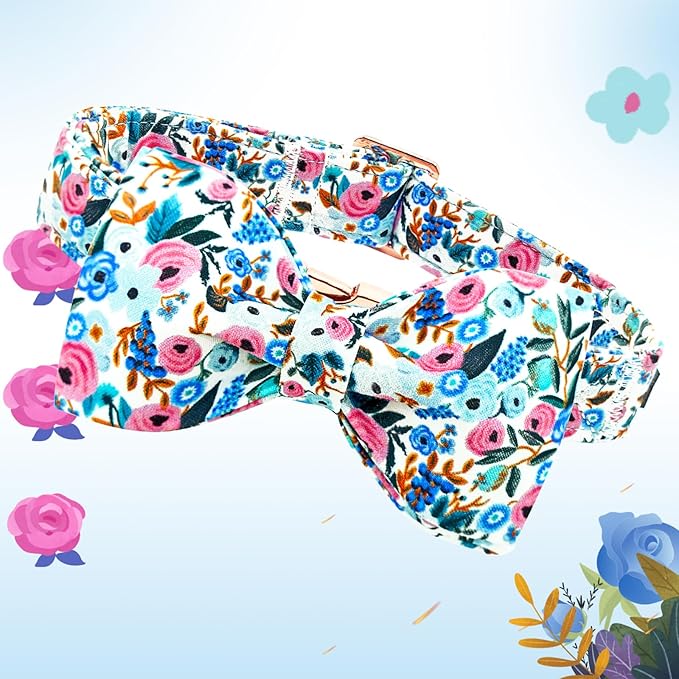 Lionheart glory Dog Collar Bow Collar Floral Dog Collar with Bow Tie Spring Summer Cute Collar Dog Boy or Girl Dog Collars Soft Durable Adjustable Dog Collars for Medium Dogs