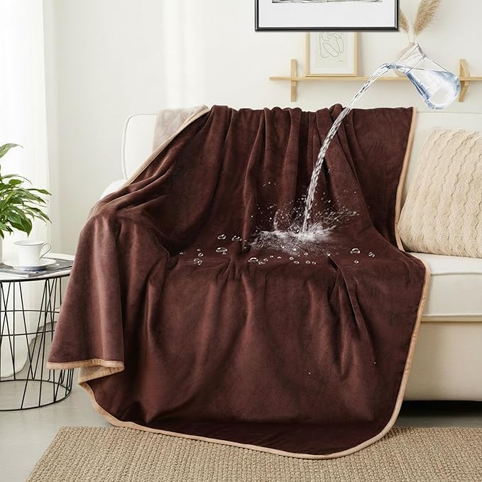 Water Proof Blanket 50x60 Inches - Reversible Flannel Blanket for Bed, Sofa,Couch- Spillproof, Leakproof Soft Double-Sided Brown Throw Blanket for Adults, Pets, Couples