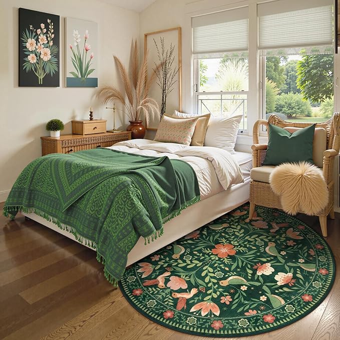 Moynesa Machine Washable Round Rug, 6ft Circle Area Rug for Living Room Non Slip, Ultra Thin, Soft, Indoor Boho Bird Dark Green 6'x6' Carpet for Bedroom Office Under Table Kid Playroom