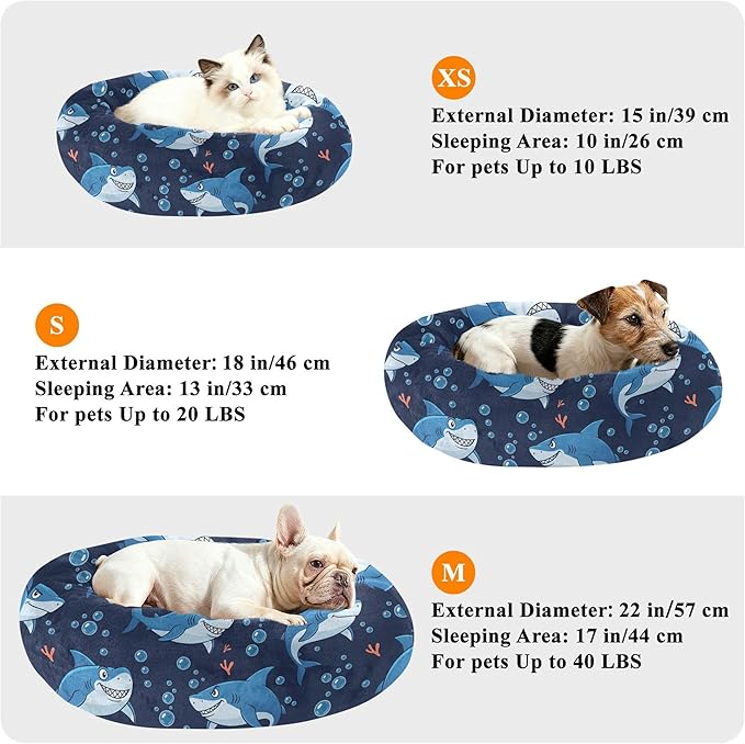 Burbuja Sharks Donut Pet Bed, Calming Soft Dog Bed with Anti-Slip Bottom, Round Cuddler Support for Dogs & Cats, Washable 20 in