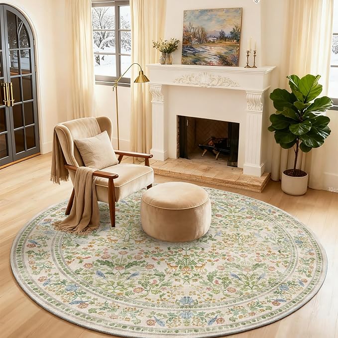 Washable Round Rugs for Bedroom 4ft: Living Room Rug Stain Resistant Non Slip