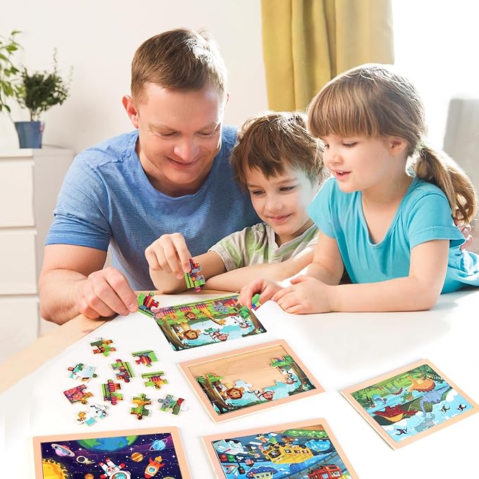 Wooden Educational Jigsaw Puzzles for Preschool Kids Ages 3-5, 4-Pack with 20 Pieces Dinosaur, Space, Transportation Wood Puzzles Set, Toddler Brain Teaser Toys, Gifts for Boys Girls Ages 3 4 5 6