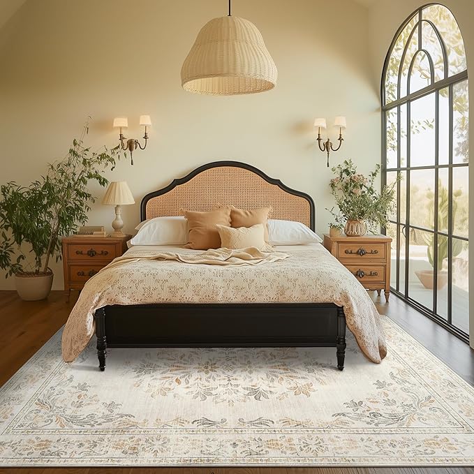 jinchan Vintage Floral 6x9 Area Rugs for Living Room - Machine Washable Distressed Design Soft Throw Rug Ultra-Thin Non-Slip Large Carpet for Bedroom Nursery Dining Room Home Office (6x9ft,Light Grey)
