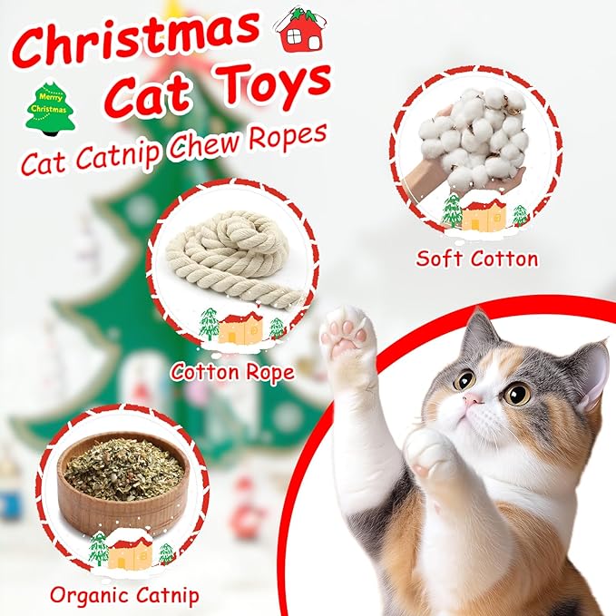 Retro Shaw Christmas Catnip Toys, Kitty Xmas Bundle Cat Toys Chew Ropes 3PCS, Catnip Kitten Toys for Indoor Cats Kitty, Safe Kitten Teething Chew Toy Cat Nip Kicker String