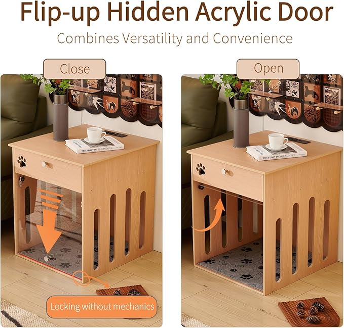 26 Inch Dog Crate Furniture for Small Dogs as Sofa Side Table with Flip-Up Acrylic Door, Storage Compartment & Charging Station